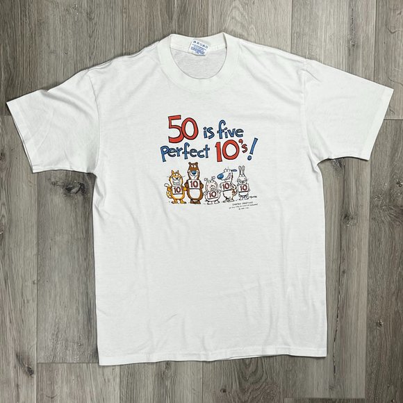 50 Is Five Perfect 10's! Shoebox Greetings White Large T-Shirt - Picture 1 of 7